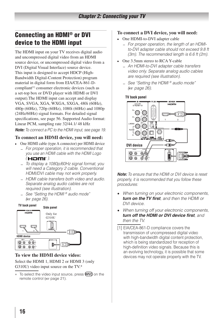 Connecting an hdmi, Or dvi device to the hdmi input, Chapter 2: connecting your tv | Toshiba 32C110U User Manual | Page 16 / 62
