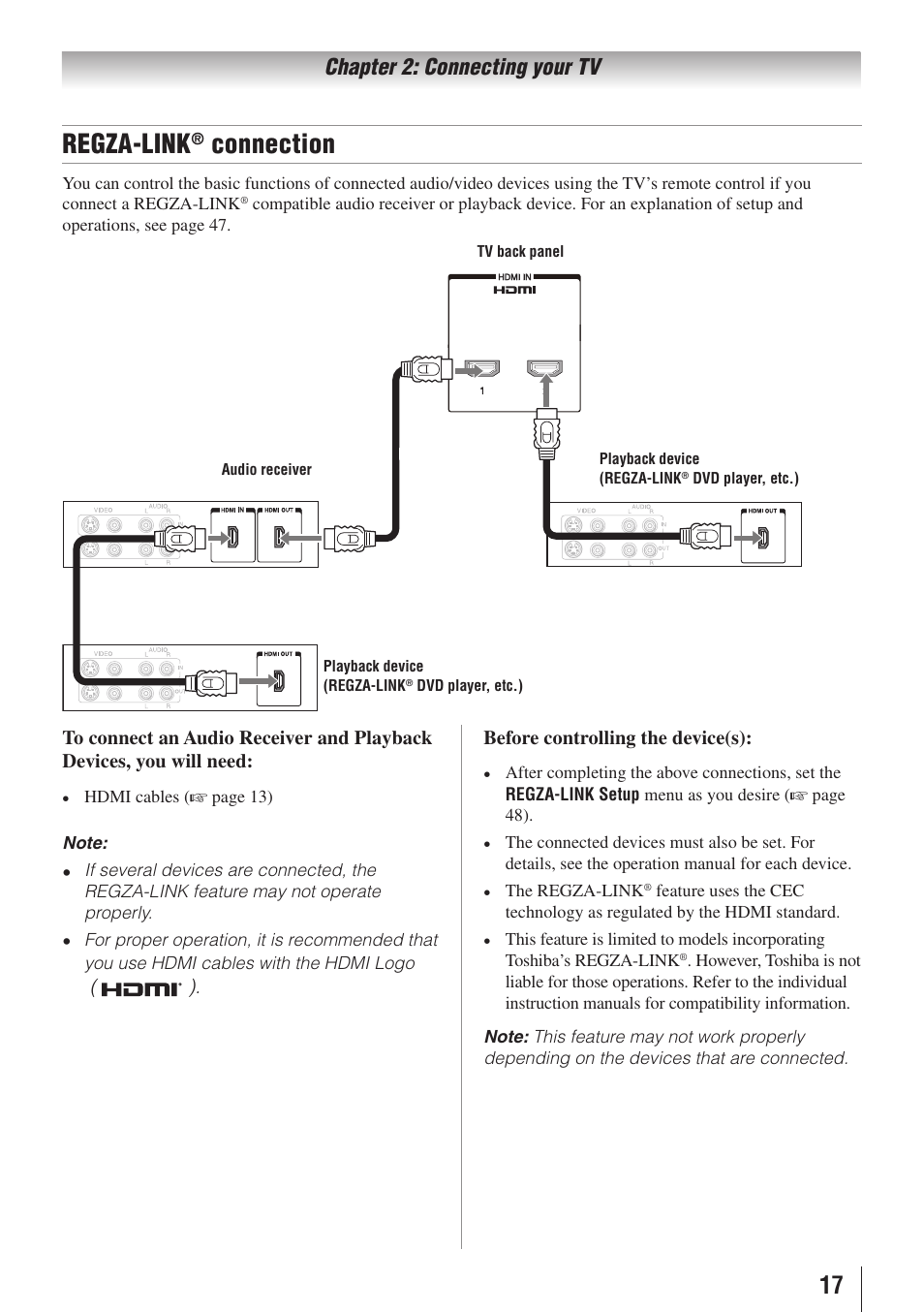 Regza-link, Connection, Chapter 2: connecting your tv | Toshiba 32C110U User Manual | Page 17 / 62