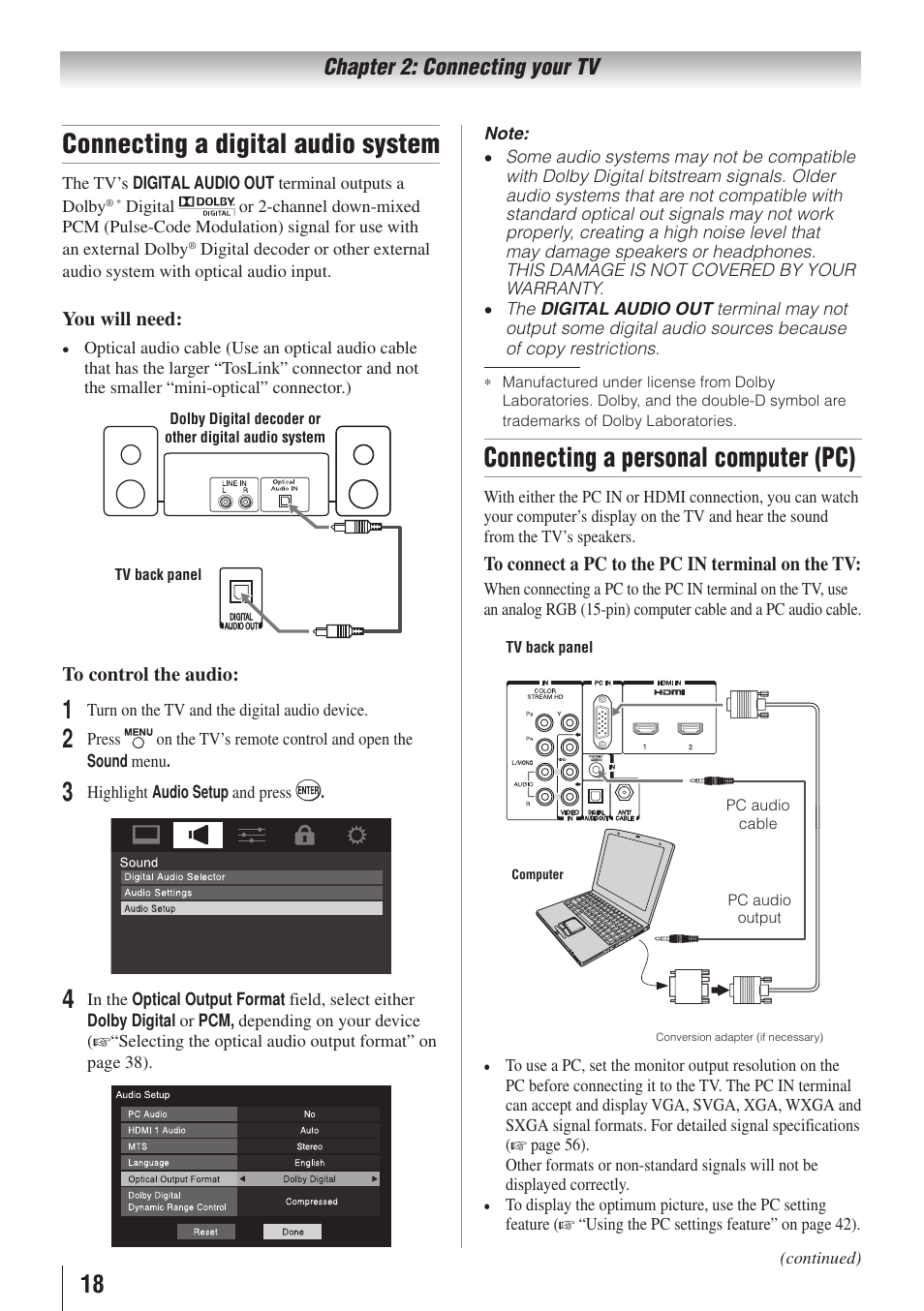 Connecting a digital audio system, Connecting a personal computer (pc), Chapter 2: connecting your tv | Toshiba 32C110U User Manual | Page 18 / 62