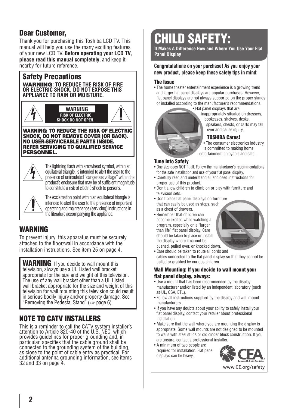 Child safety, 2dear customer, Safety precautions | Warning | Toshiba 32C110U User Manual | Page 2 / 62