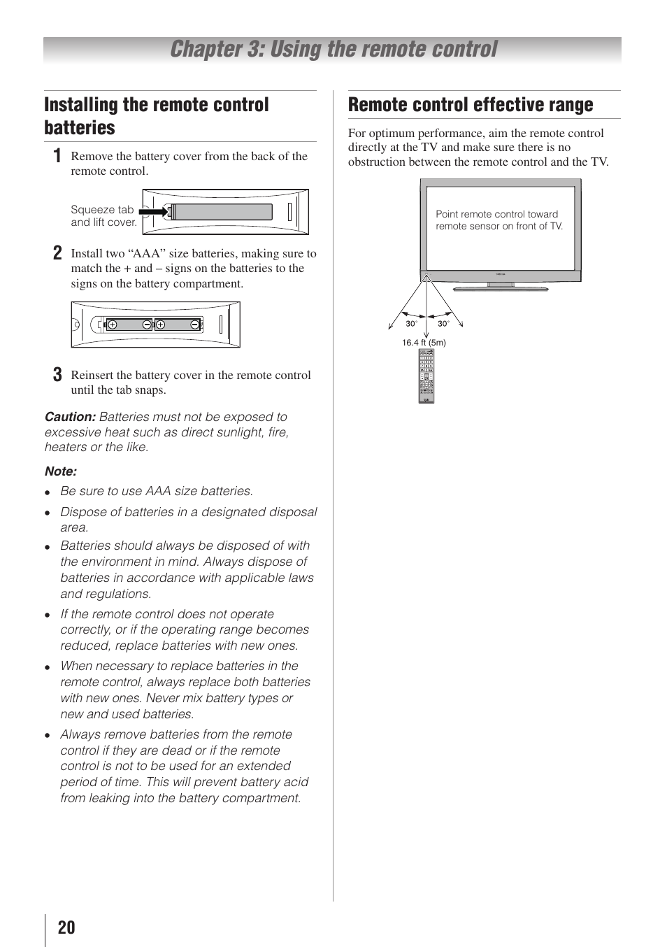 Chapter 3: using the remote control, Installing the remote control batteries 1無, Remote control effective range | Toshiba 32C110U User Manual | Page 20 / 62