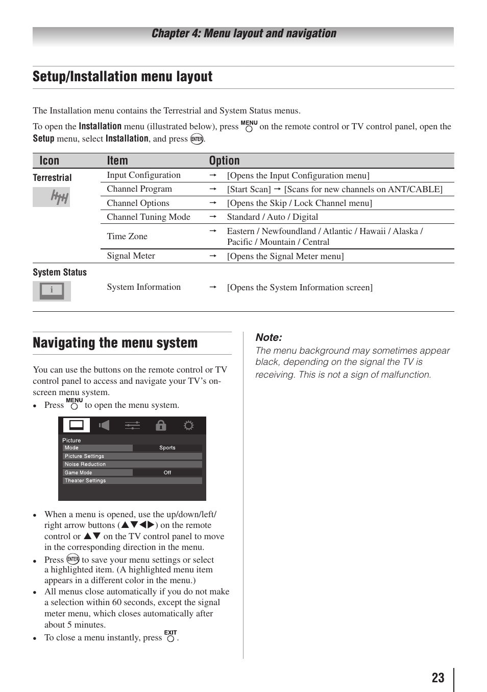 Setup/installation menu layout, Navigating the menu system | Toshiba 32C110U User Manual | Page 23 / 62