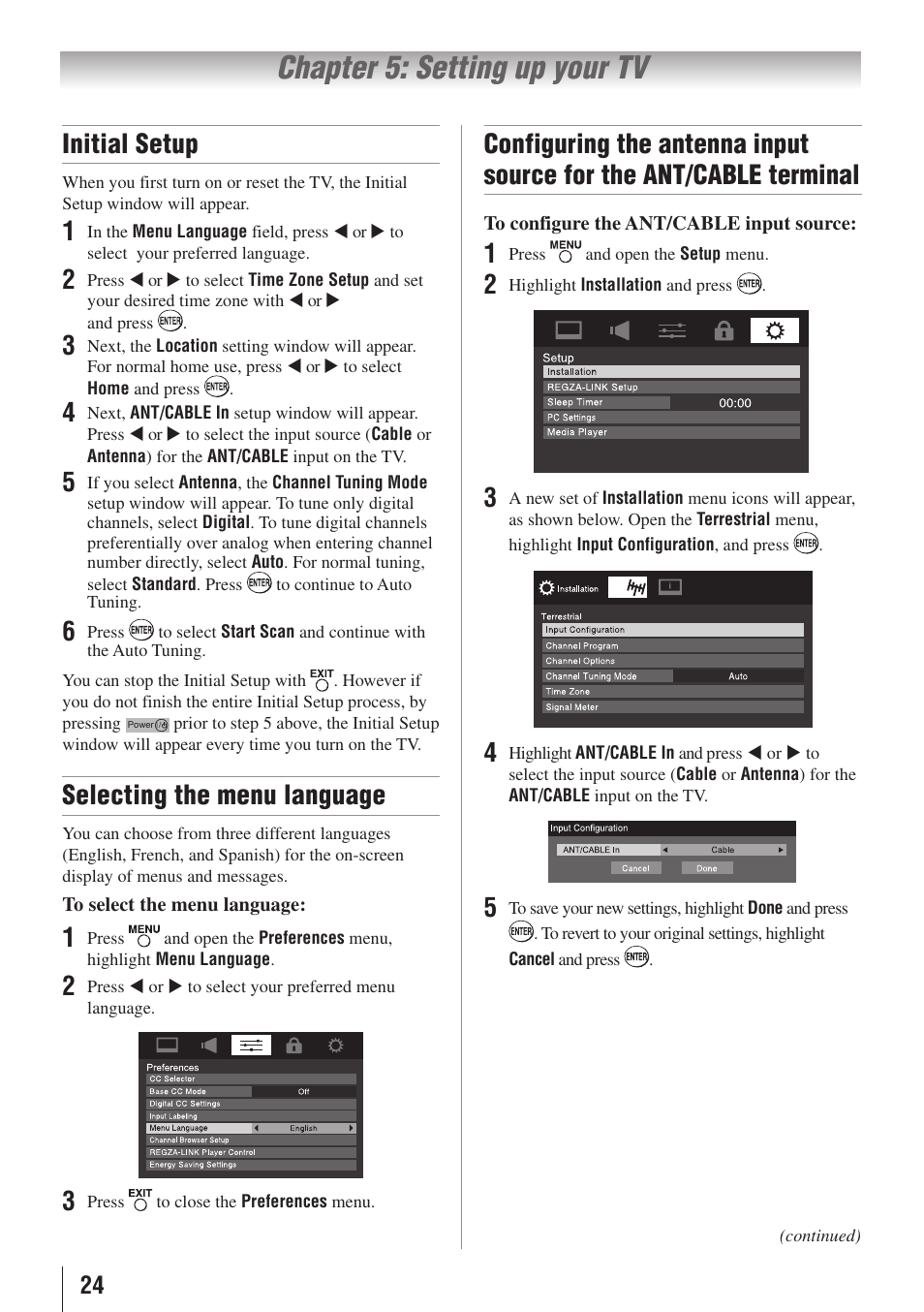 Chapter 5: setting up your tv, Initial setup, Selecting the menu language | Toshiba 32C110U User Manual | Page 24 / 62