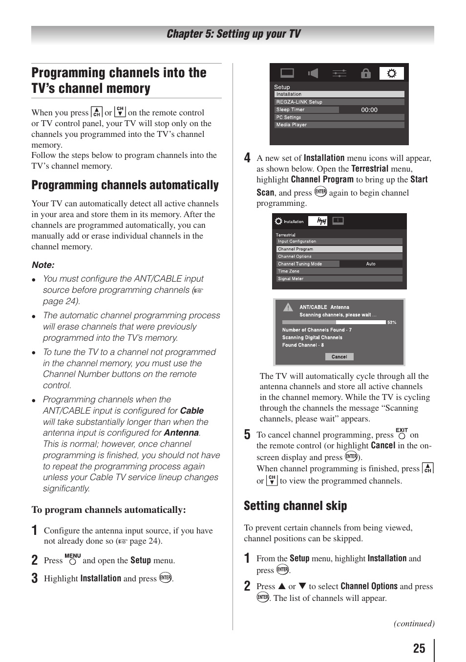 Programming channels automatically, Setting channel skip | Toshiba 32C110U User Manual | Page 25 / 62