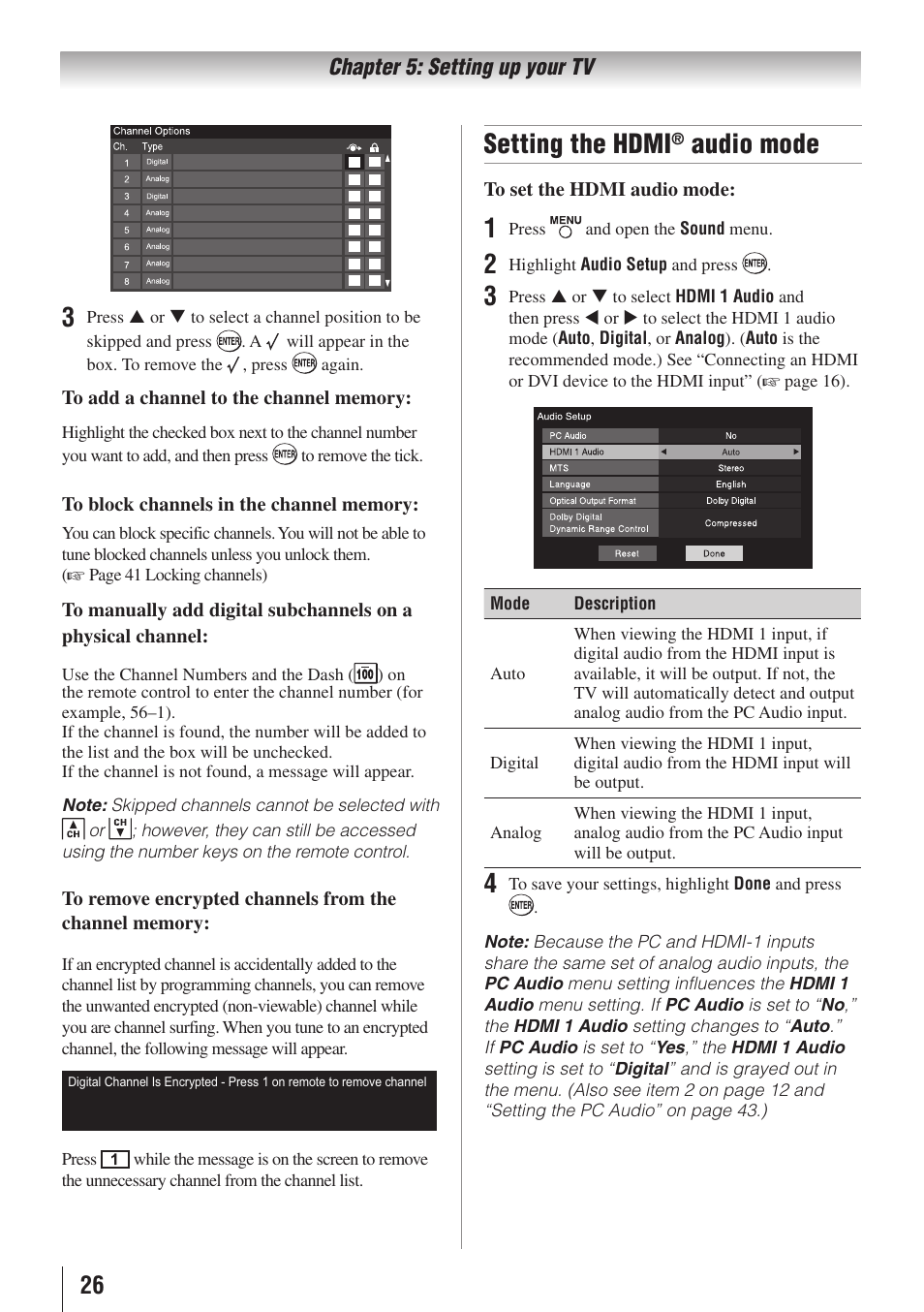 Setting the hdmi, Audio mode | Toshiba 32C110U User Manual | Page 26 / 62