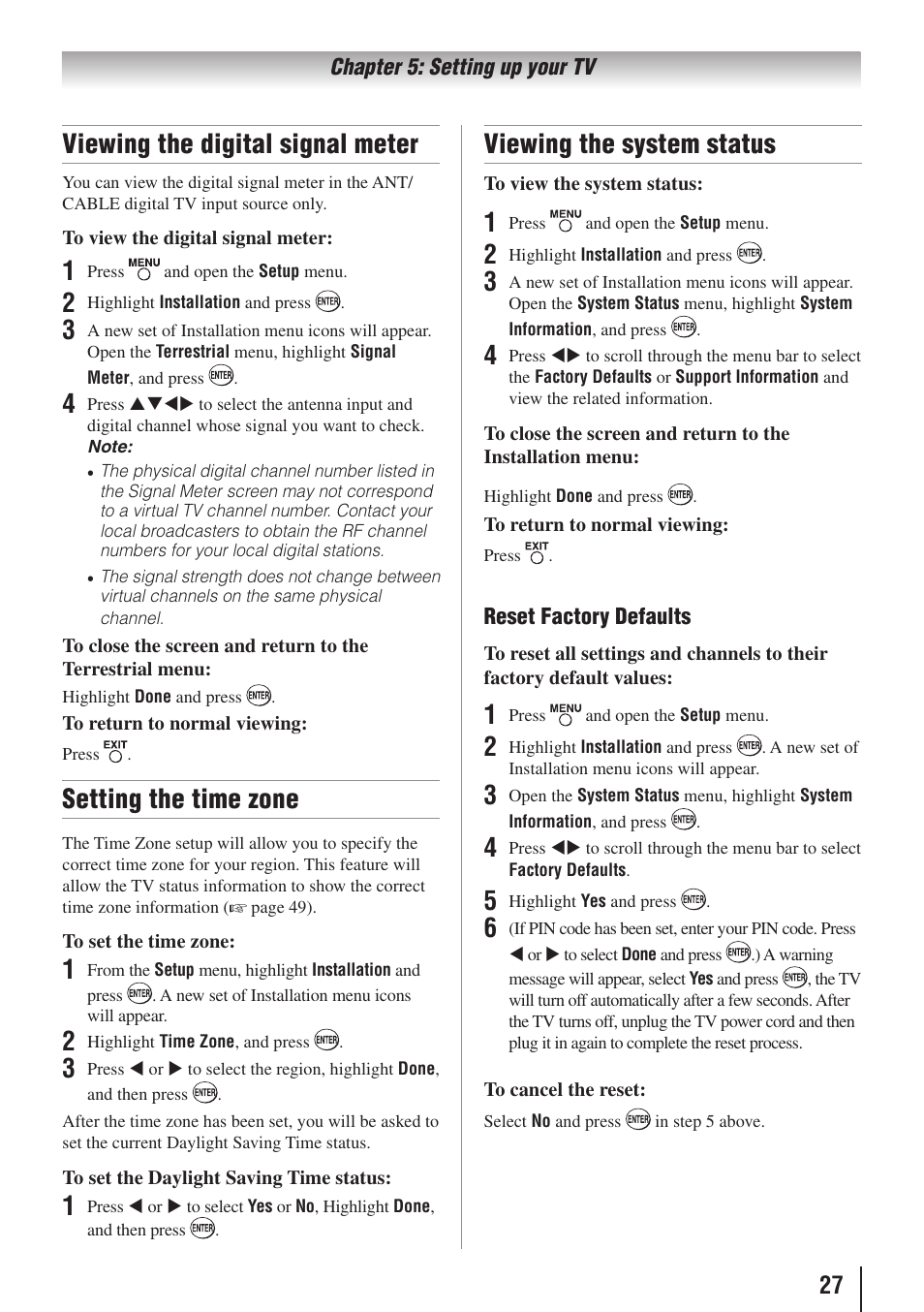 Viewing the digital signal meter, Setting the time zone, Viewing the system status | Toshiba 32C110U User Manual | Page 27 / 62