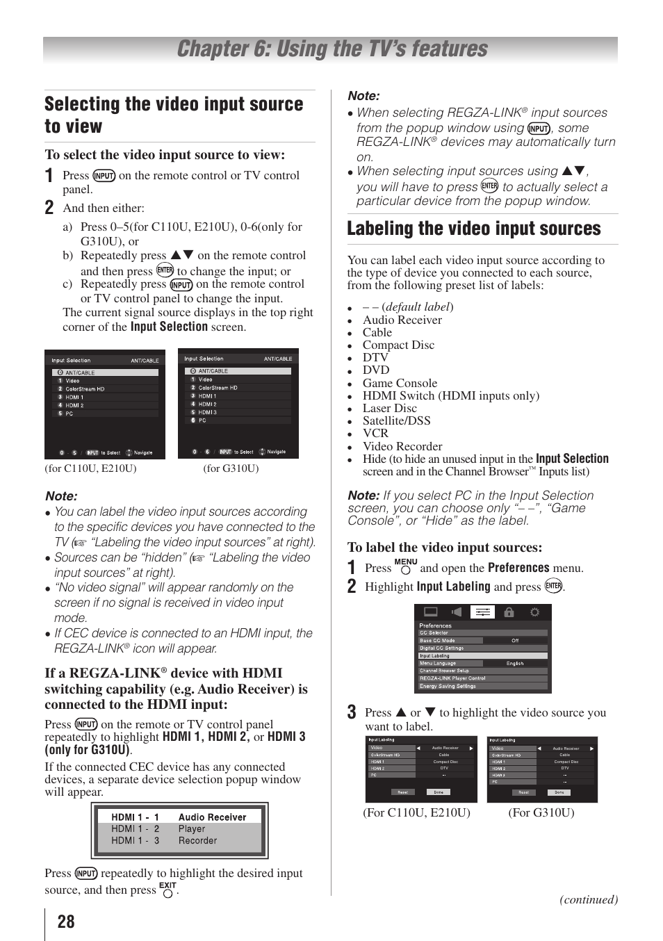 Chapter 6: using the tv’s features, Selecting the video input source to view, Labeling the video input sources | Toshiba 32C110U User Manual | Page 28 / 62