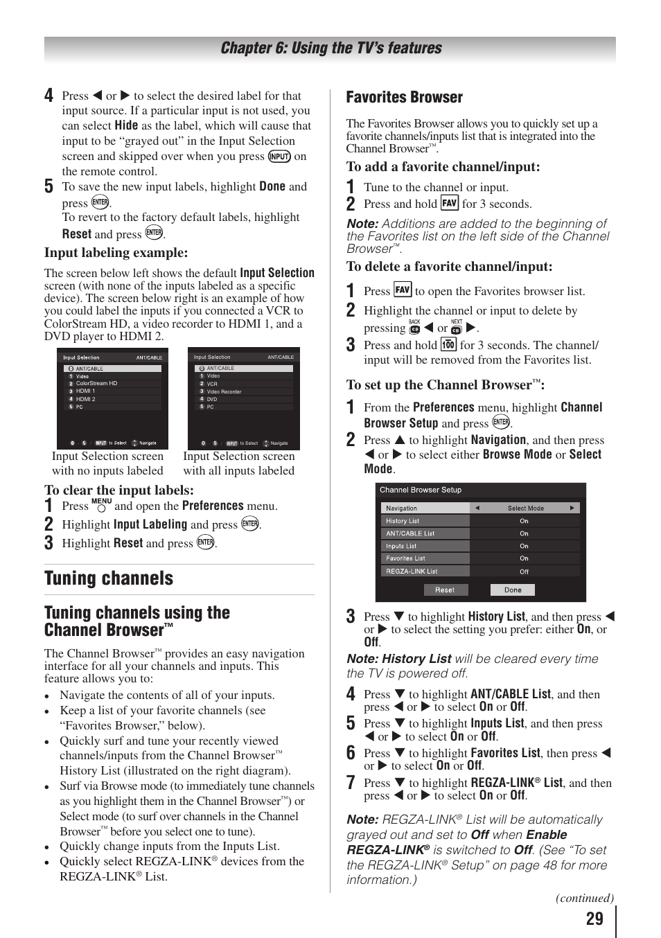 Tuning channels, Tuning channels using the channel browser, Chapter 6: using the tv’s features | Favorites browser | Toshiba 32C110U User Manual | Page 29 / 62