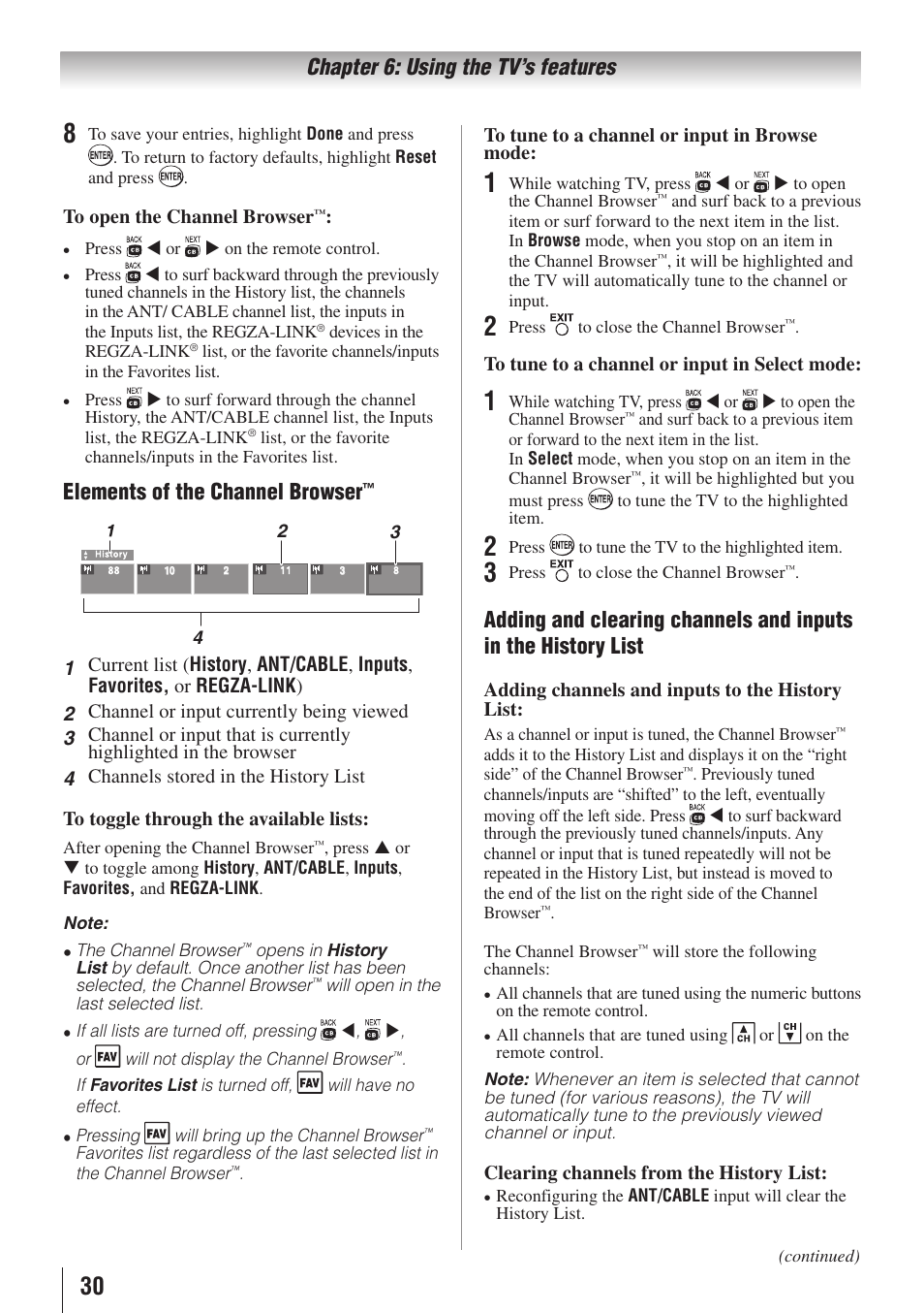 Chapter 6: using the tv’s features, Elements of the channel browser | Toshiba 32C110U User Manual | Page 30 / 62