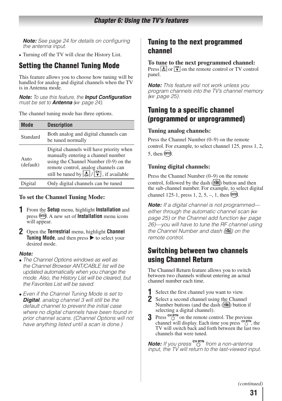 Setting the channel tuning mode, Tuning to the next programmed channel | Toshiba 32C110U User Manual | Page 31 / 62