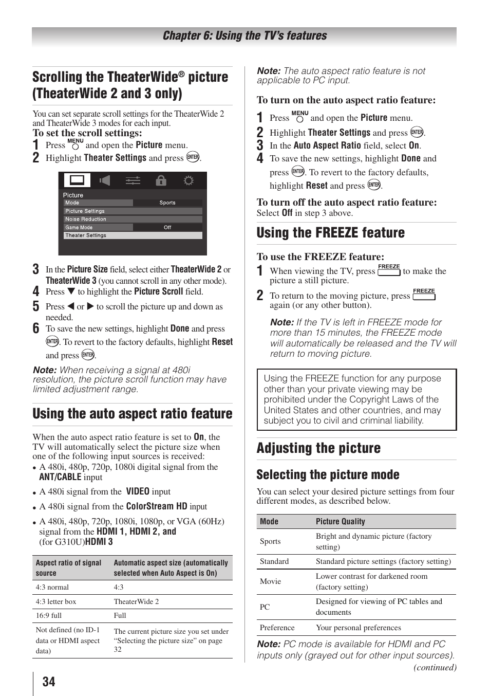 Scrolling the theaterwide, Picture (theaterwide 2 and 3 only), Using the auto aspect ratio feature | Using the freeze feature, Adjusting the picture, Selecting the picture mode | Toshiba 32C110U User Manual | Page 34 / 62