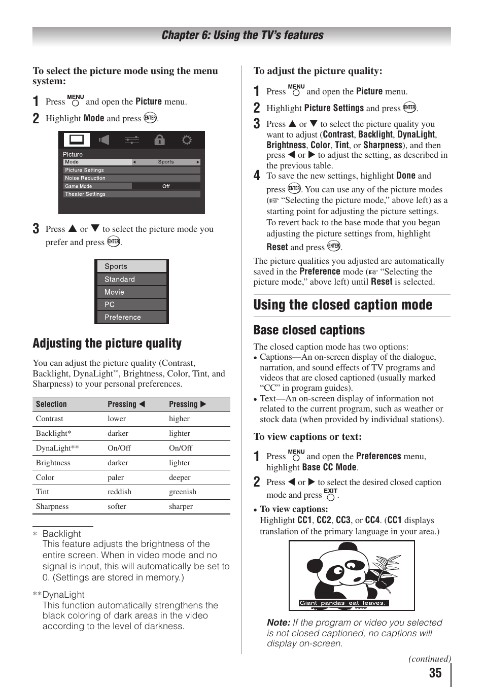 Using the closed caption mode, Adjusting the picture quality, Base closed captions | Chapter 6: using the tv’s features | Toshiba 32C110U User Manual | Page 35 / 62