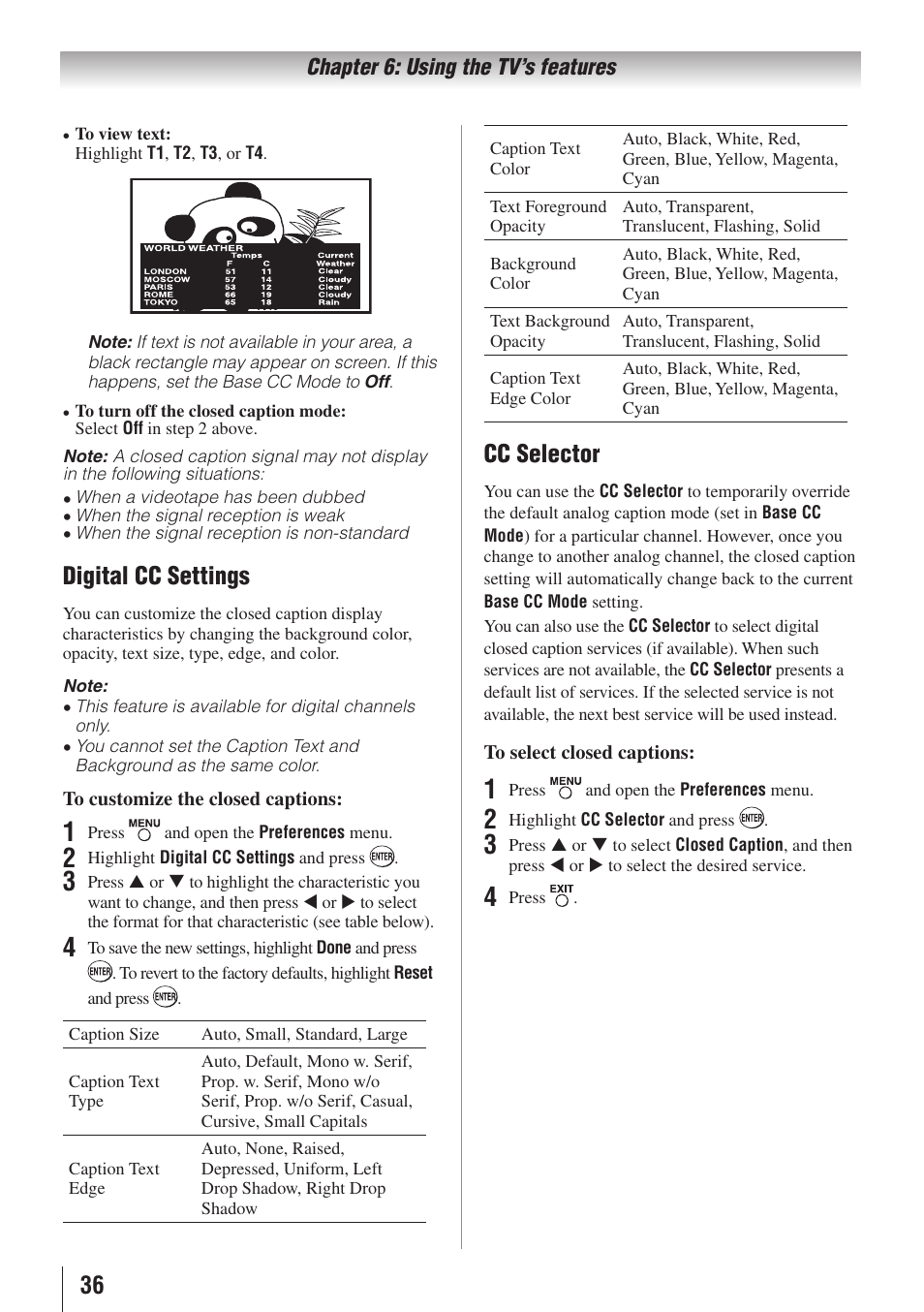 Digital cc settings, Cc selector | Toshiba 32C110U User Manual | Page 36 / 62