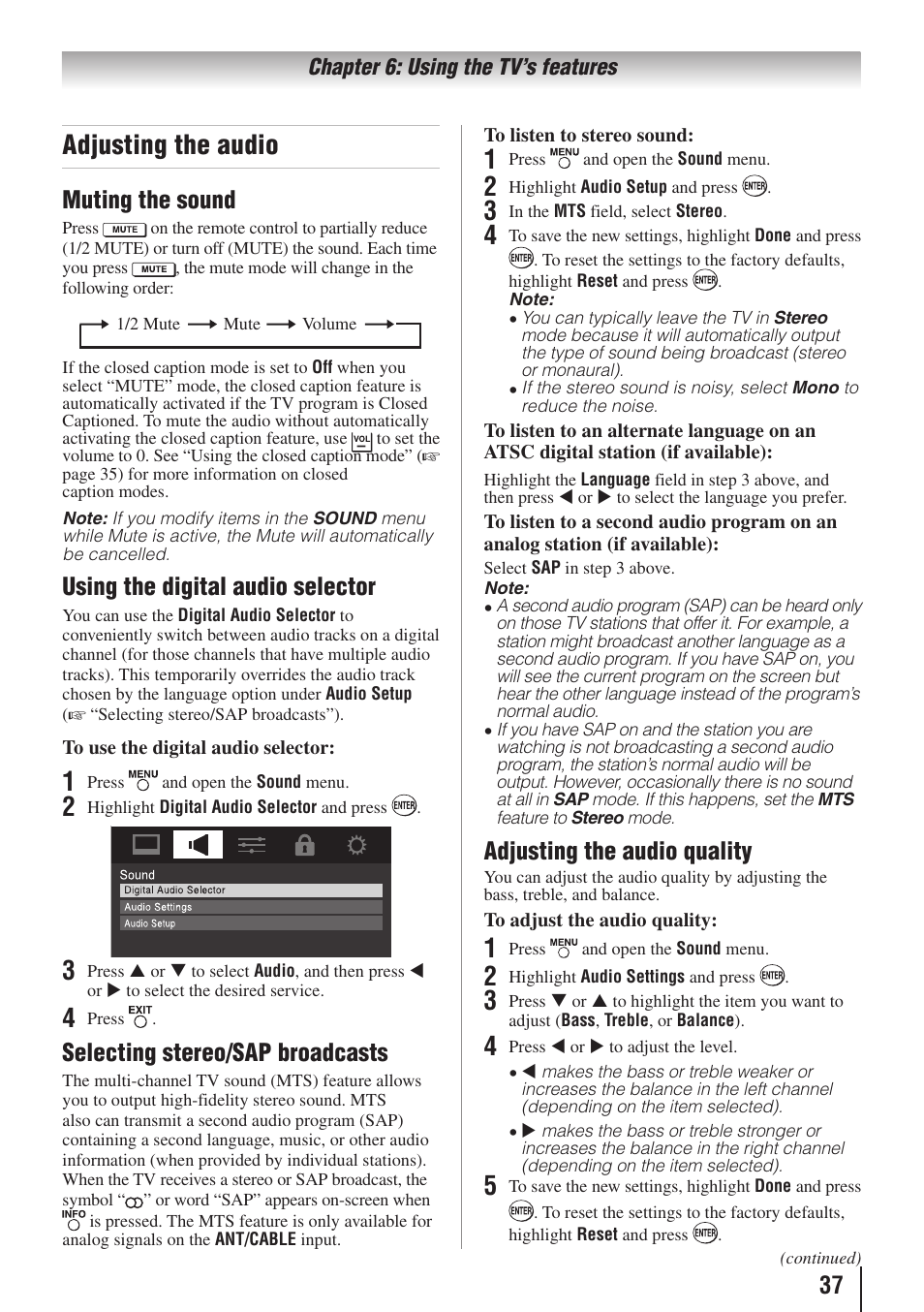 Adjusting the audio, Muting the sound, Using the digital audio selector | Selecting stereo/sap broadcasts, Adjusting the audio quality | Toshiba 32C110U User Manual | Page 37 / 62