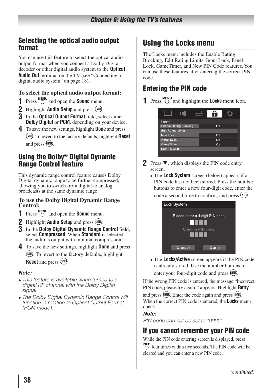 Using the locks menu, 38 selecting the optical audio output format, Using the dolby | Digital dynamic range control feature, Entering the pin code, If you cannot remember your pin code | Toshiba 32C110U User Manual | Page 38 / 62