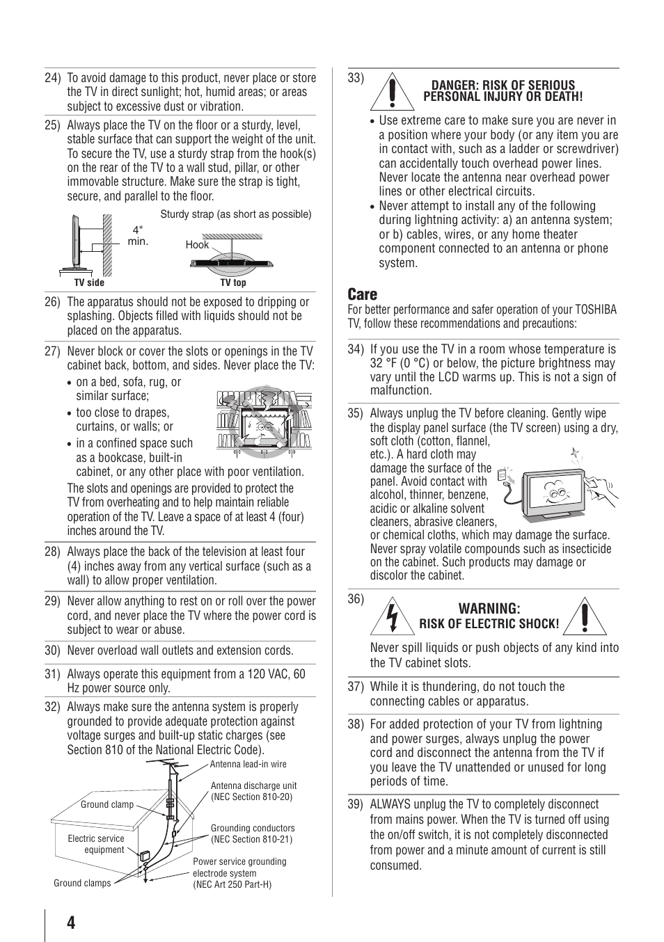 Care | Toshiba 32C110U User Manual | Page 4 / 62