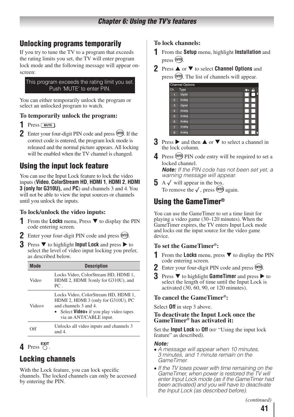 41 unlocking programs temporarily, Using the input lock feature, Locking channels | Using the gametimer | Toshiba 32C110U User Manual | Page 41 / 62