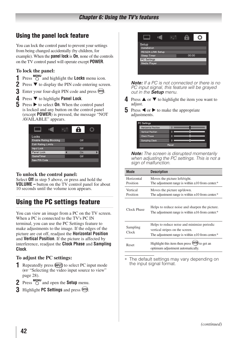 Using the pc settings feature, 42 using the panel lock feature | Toshiba 32C110U User Manual | Page 42 / 62