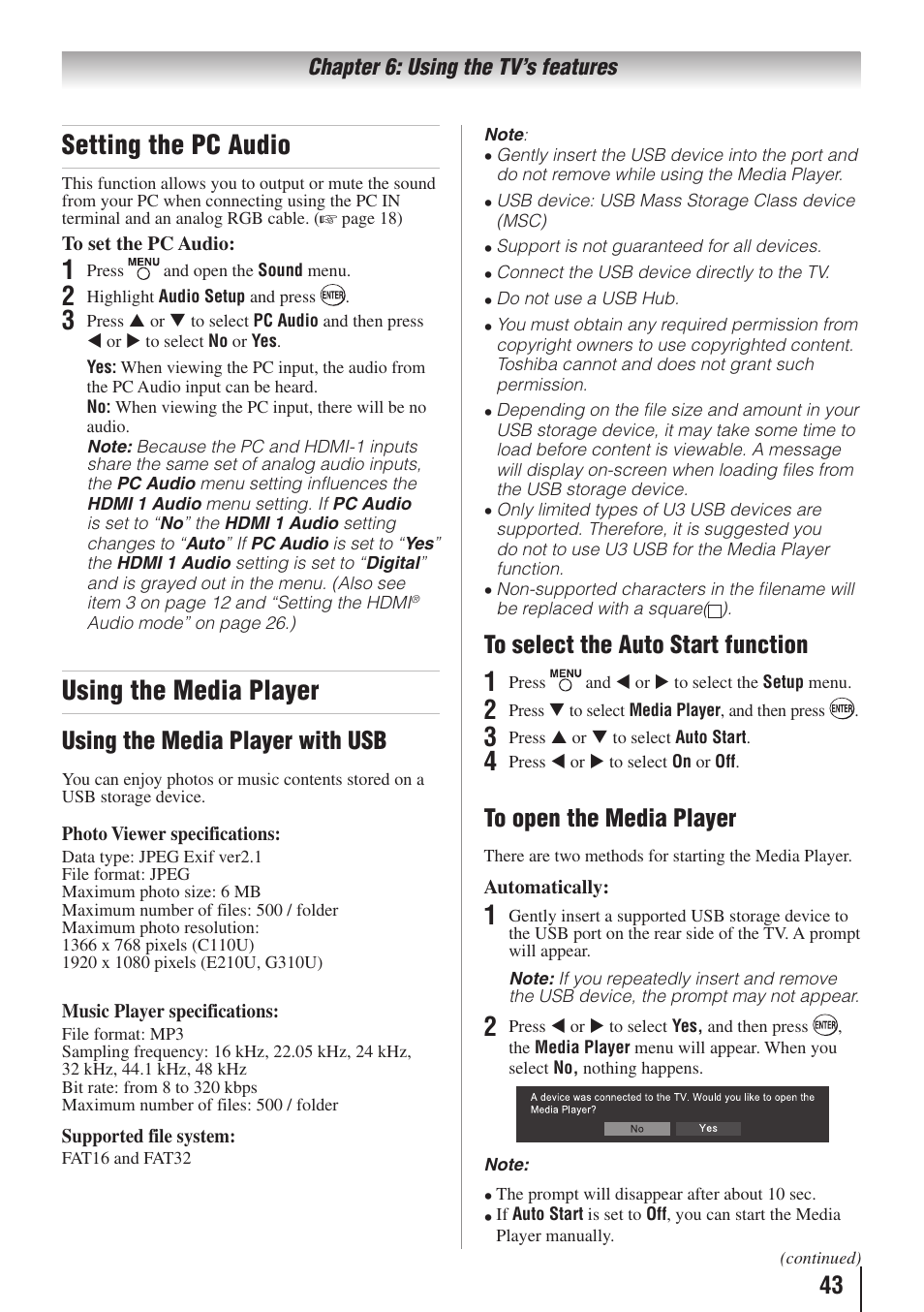 Setting the pc audio, Using the media player, Using the media player with usb | Toshiba 32C110U User Manual | Page 43 / 62