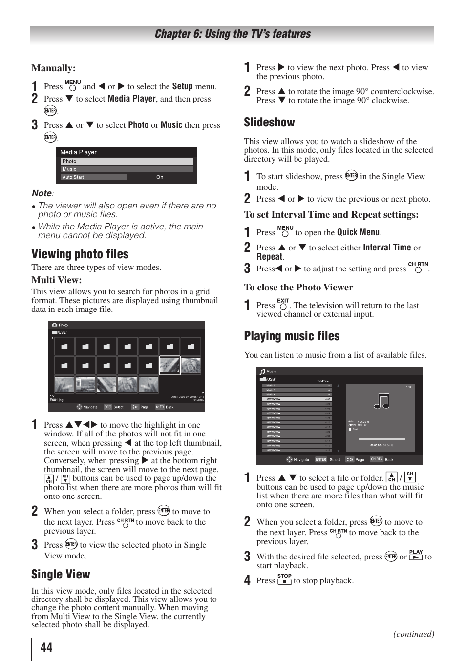 Viewing photo files, Single view, Slideshow | Playing music files | Toshiba 32C110U User Manual | Page 44 / 62