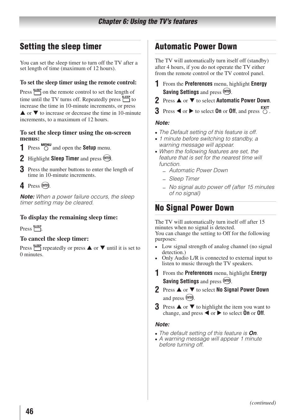 Setting the sleep timer, Automatic power down, No signal power down | Toshiba 32C110U User Manual | Page 46 / 62