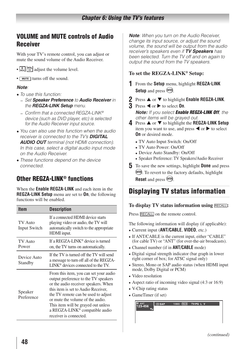 Displaying tv status information, 48 volume and mute controls of audio receiver, Other regza-link | Functions, Chapter 6: using the tv’s features | Toshiba 32C110U User Manual | Page 48 / 62