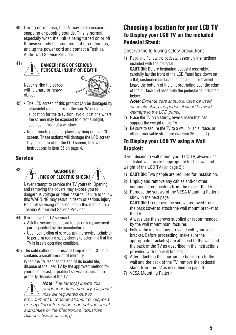 Choosing a location for your lcd tv, Service | Toshiba 32C110U User Manual | Page 5 / 62