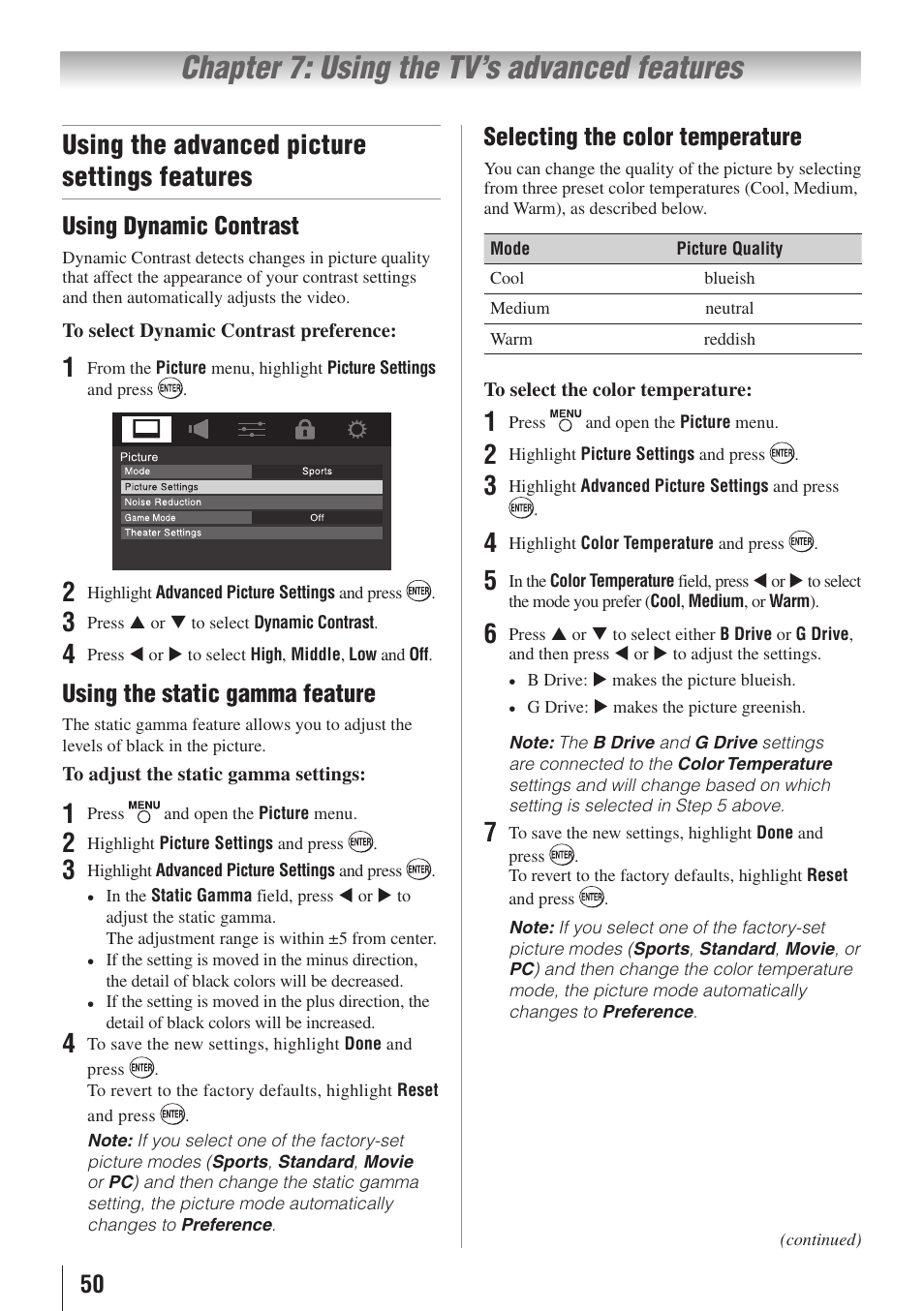 Chapter 7: using the tv’s advanced features, Using the advanced picture settings features, Using dynamic contrast | Using the static gamma feature, Selecting the color temperature | Toshiba 32C110U User Manual | Page 50 / 62