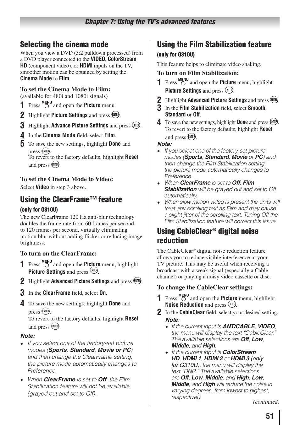 51 selecting the cinema mode, Using the clearframe™ feature, Using the film stabilization feature | Using cableclear, Digital noise reduction | Toshiba 32C110U User Manual | Page 51 / 62