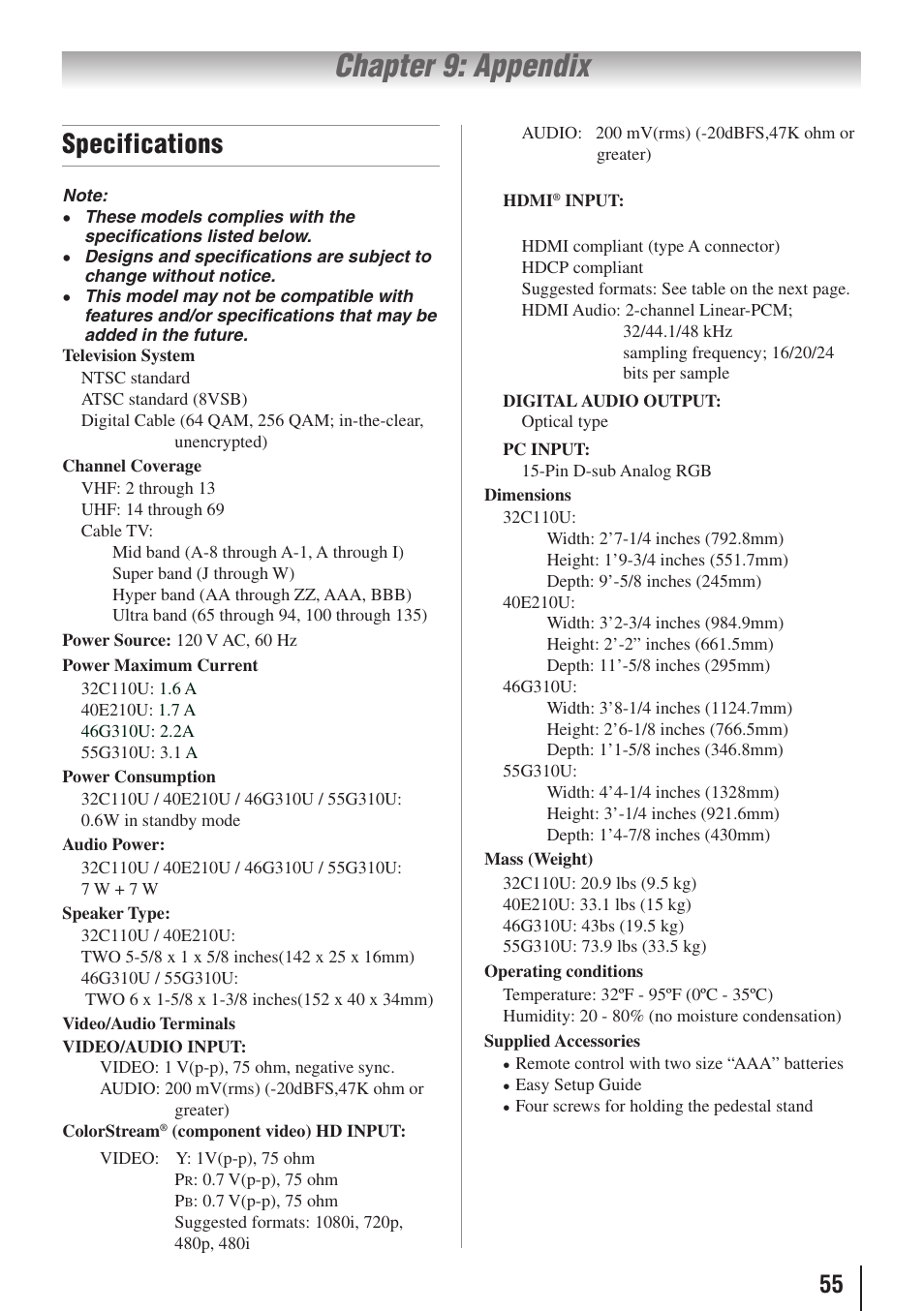 Chapter 9: appendix, Specifications | Toshiba 32C110U User Manual | Page 55 / 62