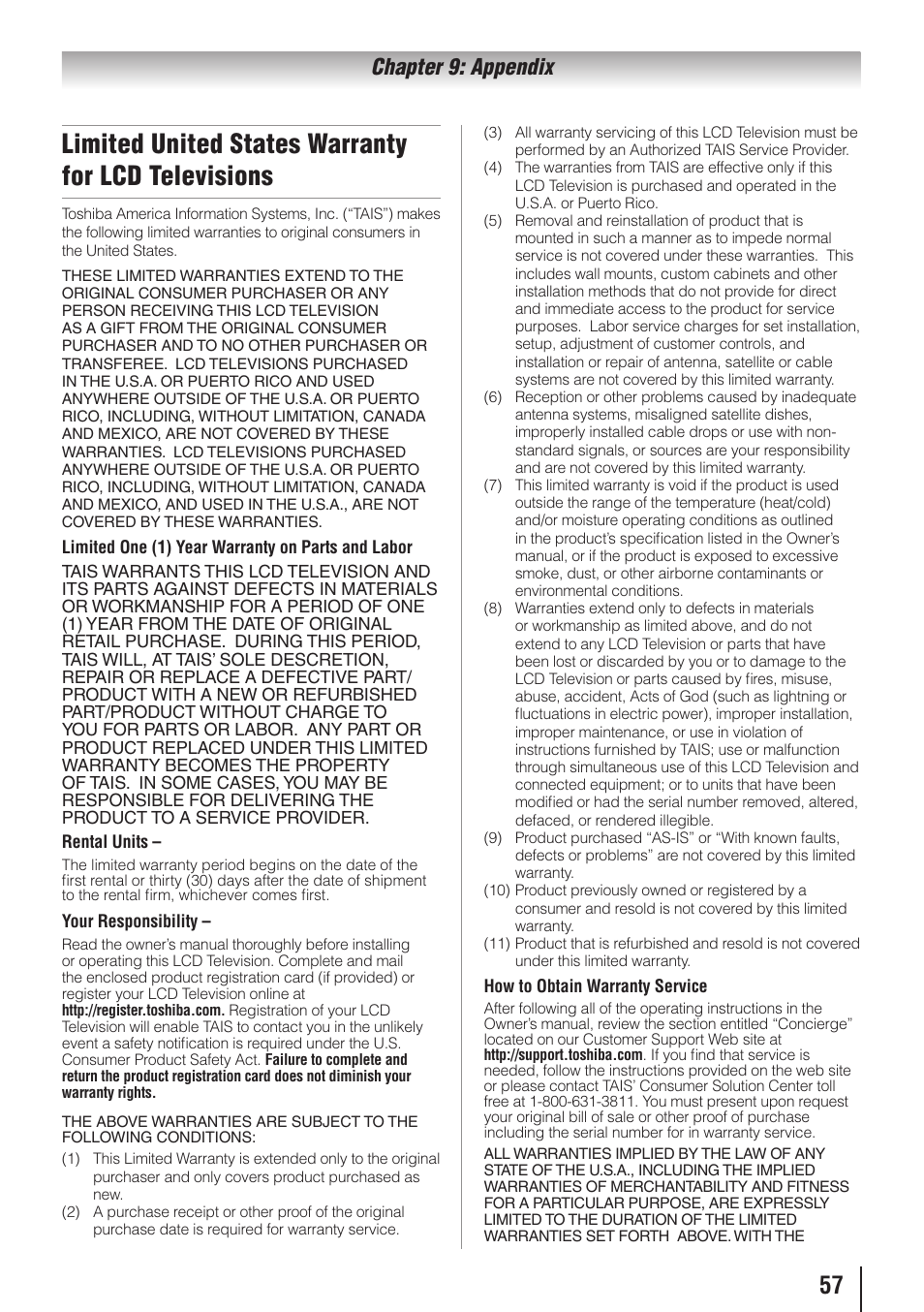 Limited united states warranty for lcd televisions, Chapter 9: appendix | Toshiba 32C110U User Manual | Page 57 / 62