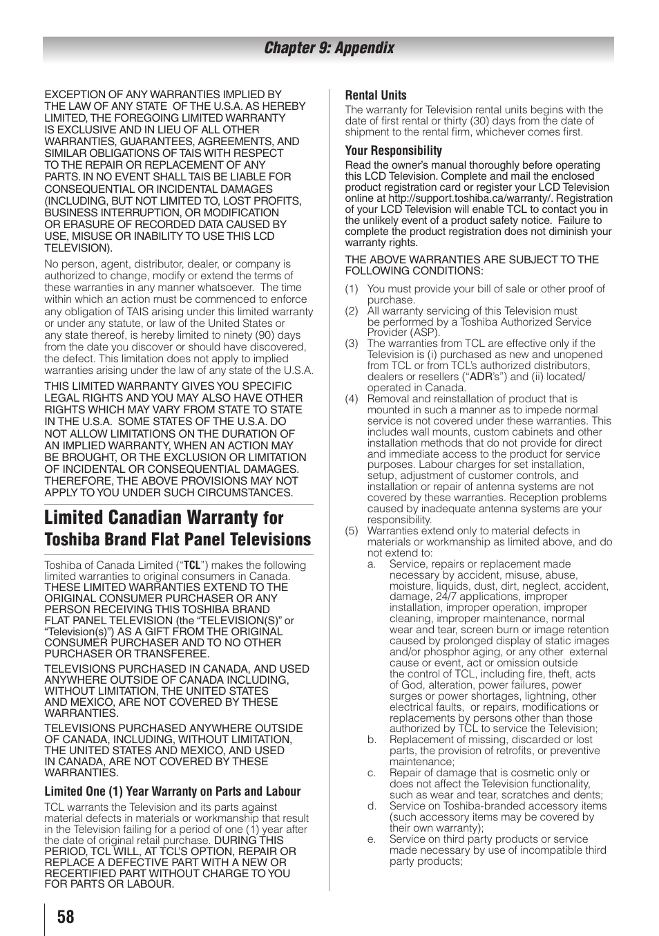 Limited canadian warranty, For toshiba brand flat panel televisions, Chapter 9: appendix | Toshiba 32C110U User Manual | Page 58 / 62