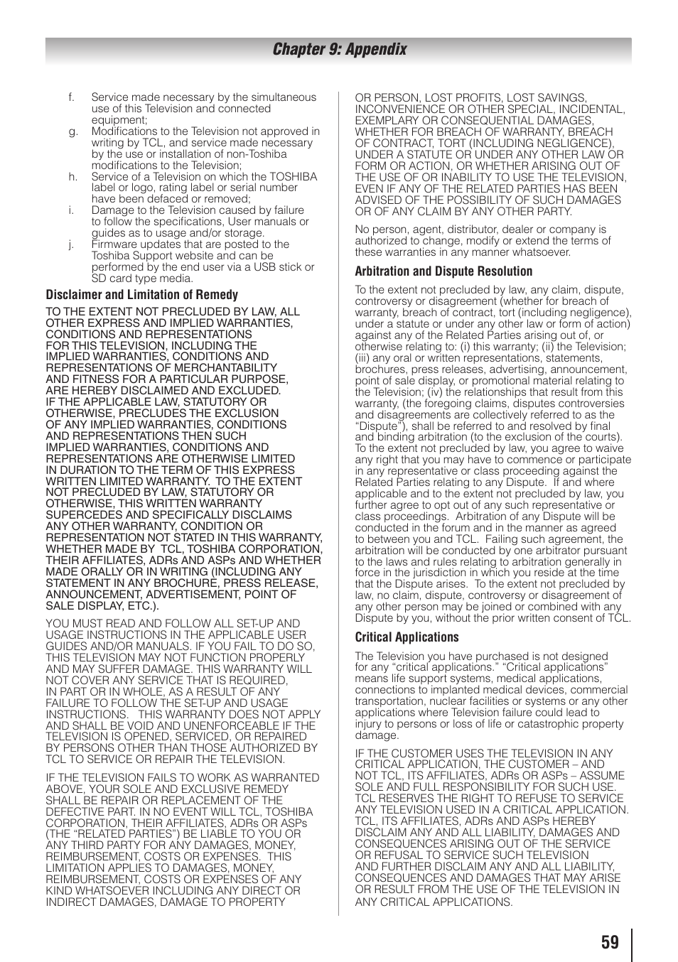 Chapter 9: appendix | Toshiba 32C110U User Manual | Page 59 / 62