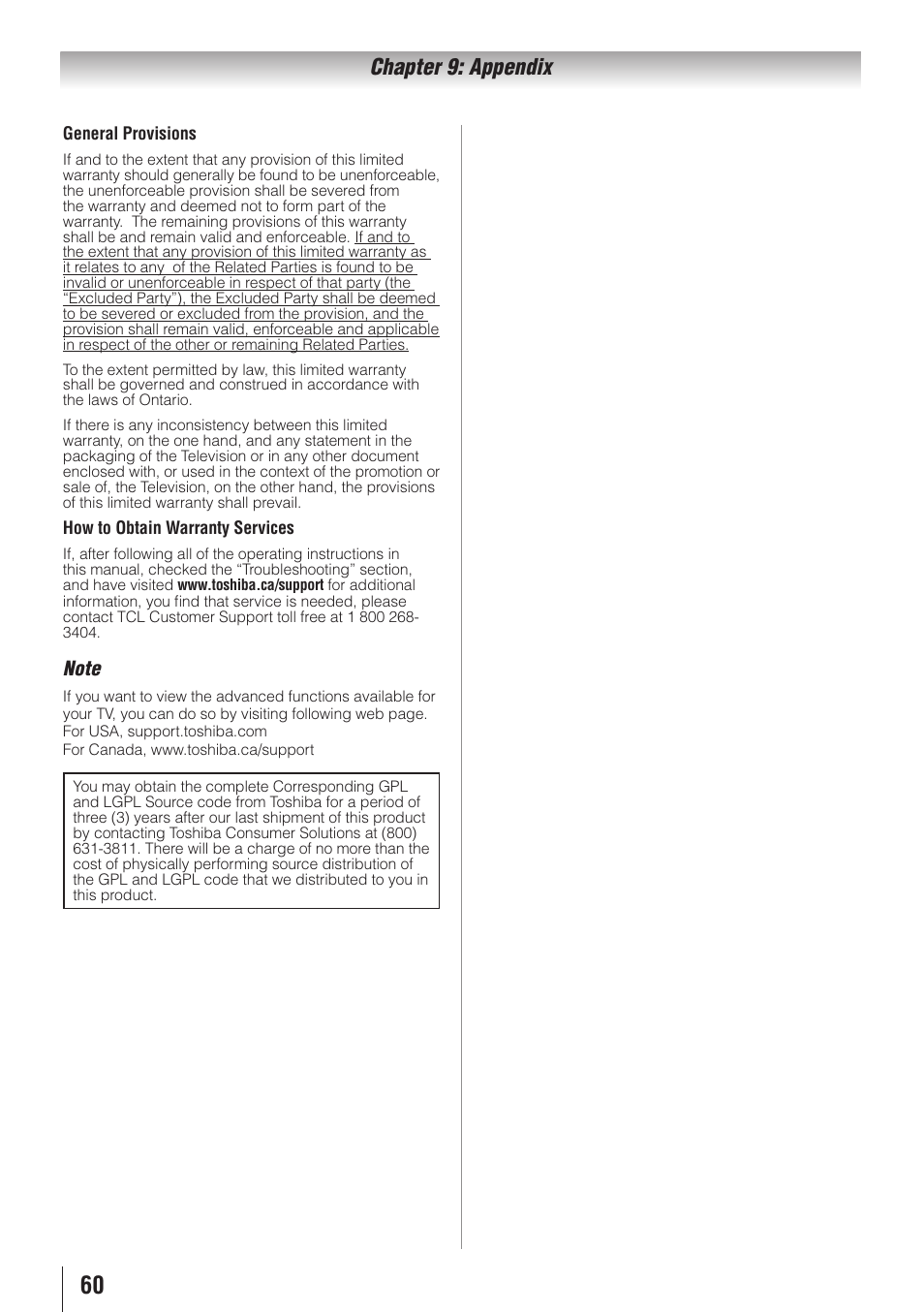 Chapter 9: appendix | Toshiba 32C110U User Manual | Page 60 / 62