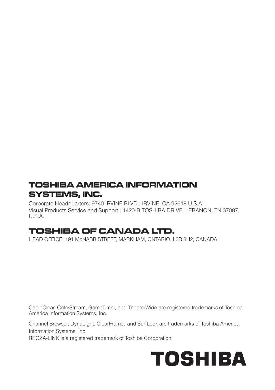 Toshiba america information systems, inc, Toshiba of canada ltd | Toshiba 32C110U User Manual | Page 62 / 62