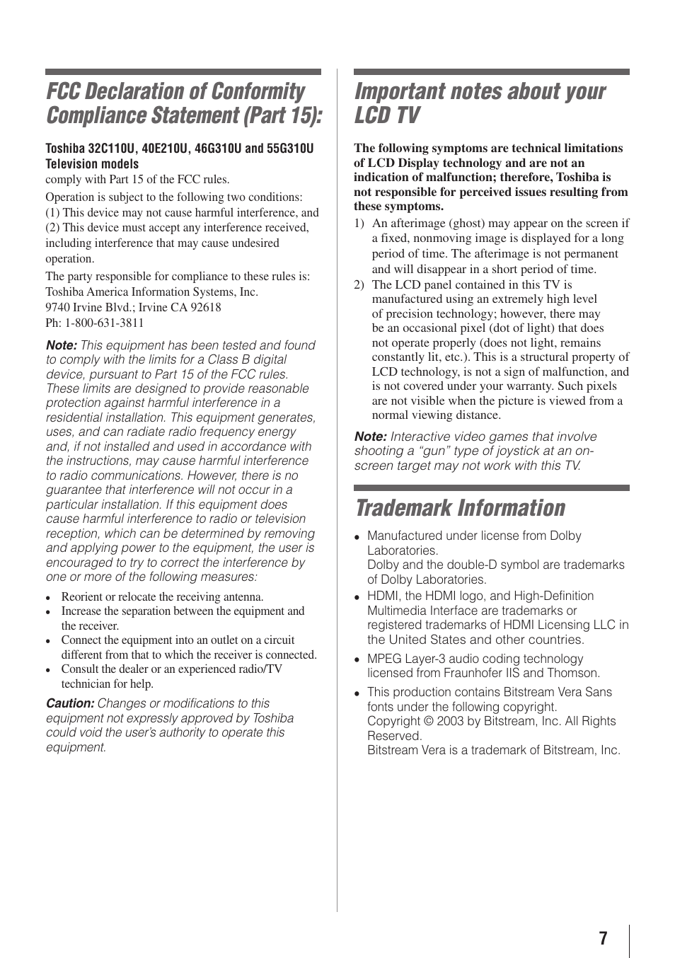 Trademark information | Toshiba 32C110U User Manual | Page 7 / 62