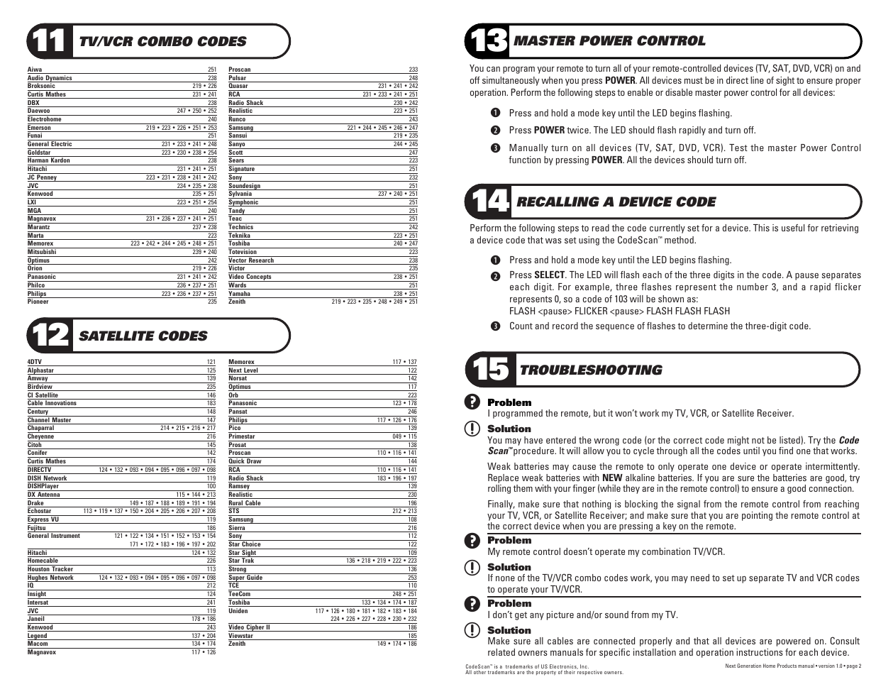 Tv/vcr combo codes, Satellite codes, Recalling a device code | Troubleshooting, Bc d, Bc d master power control | Toshiba NG-IR User Manual | Page 4 / 4