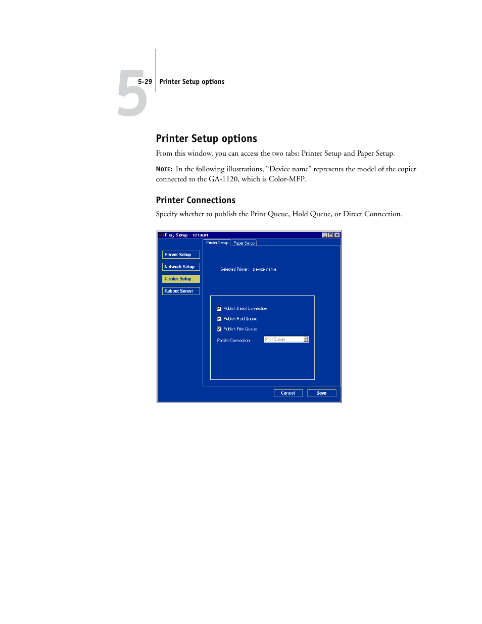 Printer setup options, Printer connections | Toshiba GA-1120 User Manual | Page 127 / 168