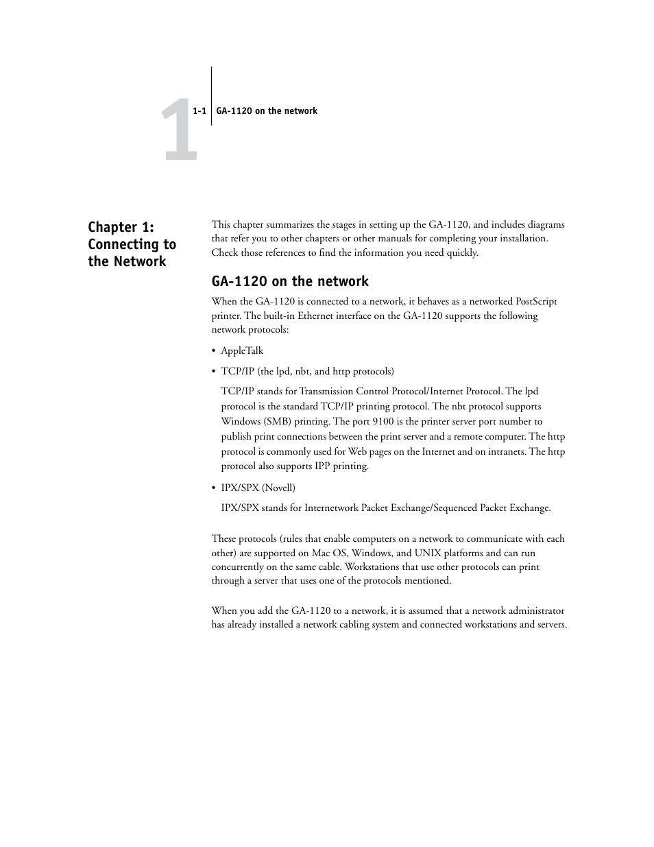 Chapter 1: connecting to the network, Ga1120 on the network, Ga-1120 on the network | Chapter 1 | Toshiba GA-1120 User Manual | Page 13 / 168