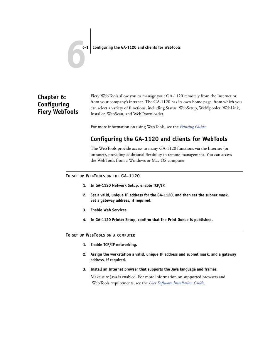 Chapter 6: configuring fiery webtools, Configuring the ga1120 and clients for webtools, Configuring the ga-1120 and clients for webtools | Chapter 6, E information, see, Ailable to users (see | Toshiba GA-1120 User Manual | Page 131 / 168