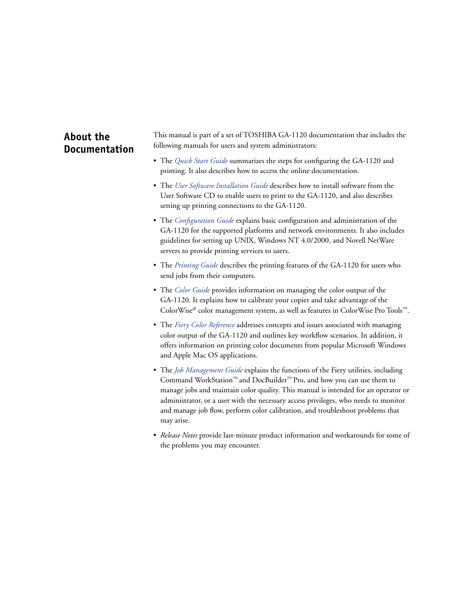 About the documentation | Toshiba GA-1120 User Manual | Page 2 / 168