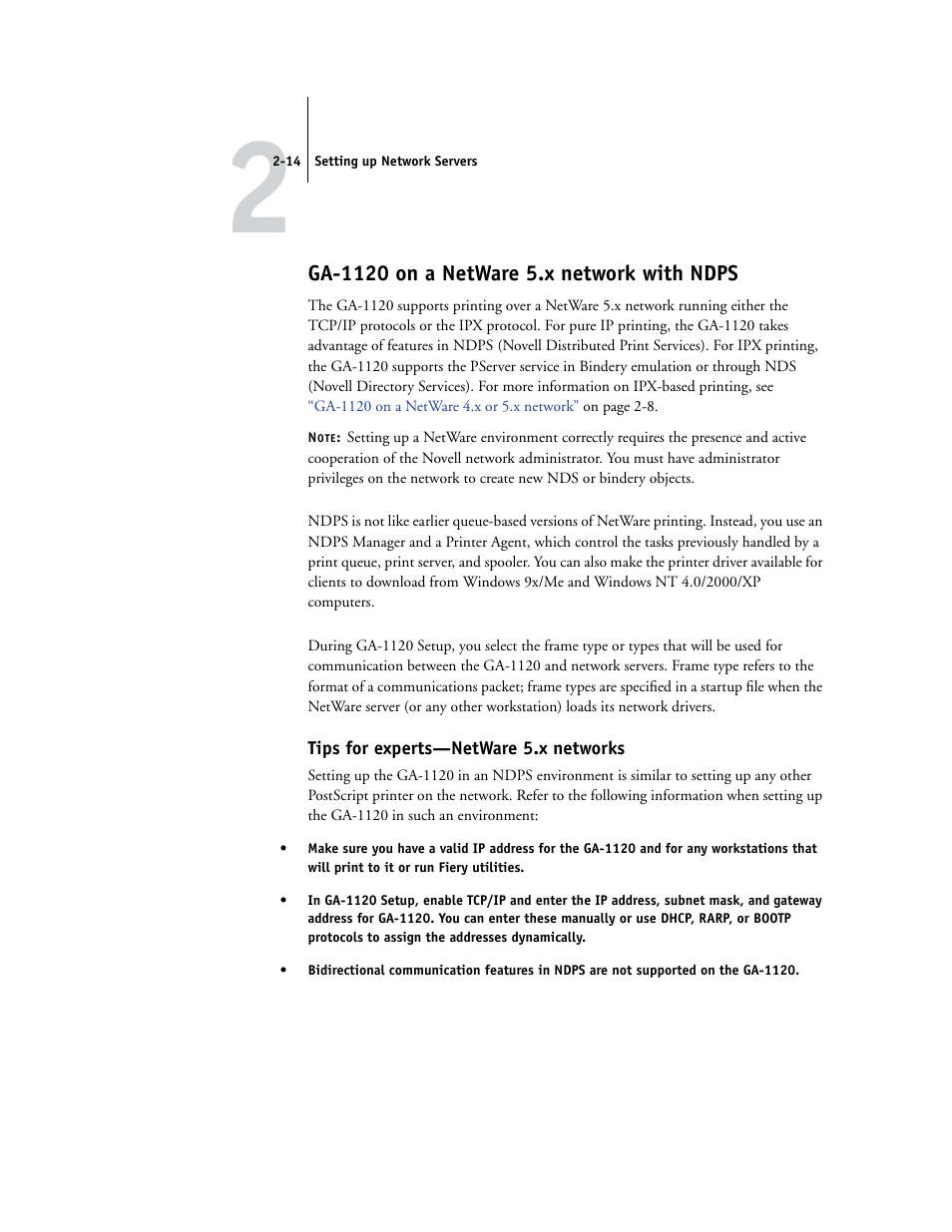 Ga1120 on a netware 5.x network with ndps, Tips for experts—netware 5.x networks, Ga-1120 on a netware 5.x network with ndps | Toshiba GA-1120 User Manual | Page 36 / 168