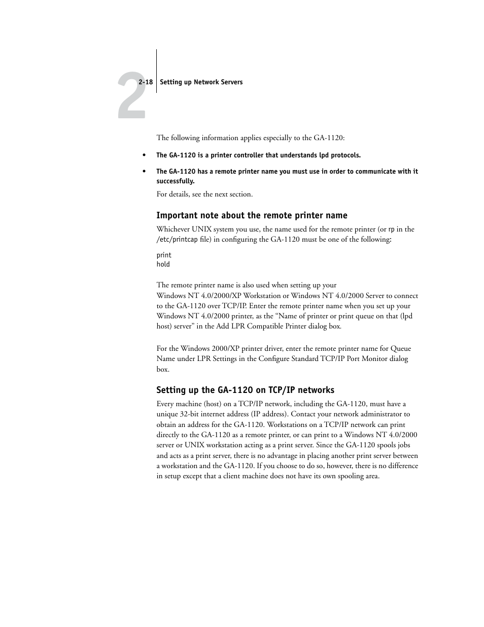 Important note about the remote printer name, Setting up the ga1120 on tcp/ip networks, Setting up the ga-1120 on tcp/ip networks | E information, see, Es on | Toshiba GA-1120 User Manual | Page 40 / 168