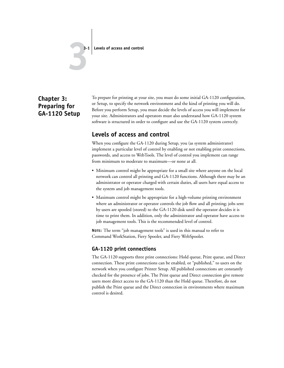 Chapter 3: preparing for ga1120 setup, Levels of access and control, Ga1120 print connections | Chapter 3: preparing for ga-1120 setup, Ga-1120 print connections, Chapter 3 | Toshiba GA-1120 User Manual | Page 43 / 168