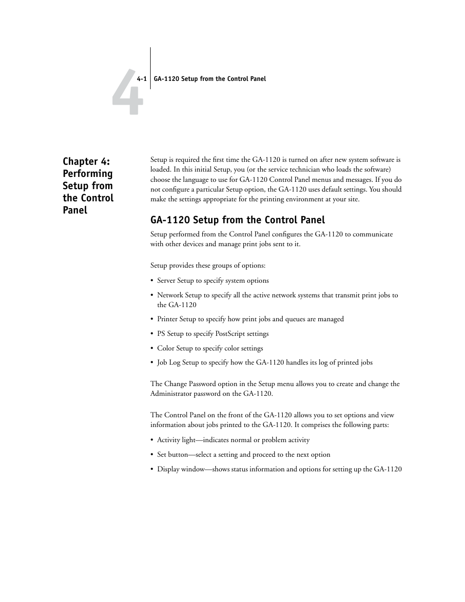 Chapter 4: performing setupfrom thecontrol panel, Ga1120 setup from the control panel, Chapter 4: performing setup from the control panel | Ga-1120 setup from the control panel, Chapter 4, Described in chapter 4 | Toshiba GA-1120 User Manual | Page 53 / 168