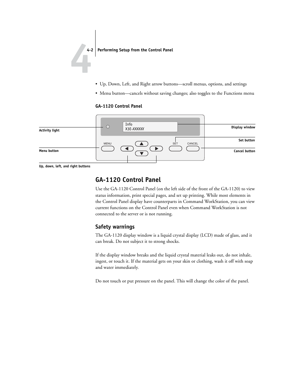Ga1120 control panel, Safety warnings, Ga-1120 control panel | Toshiba GA-1120 User Manual | Page 54 / 168