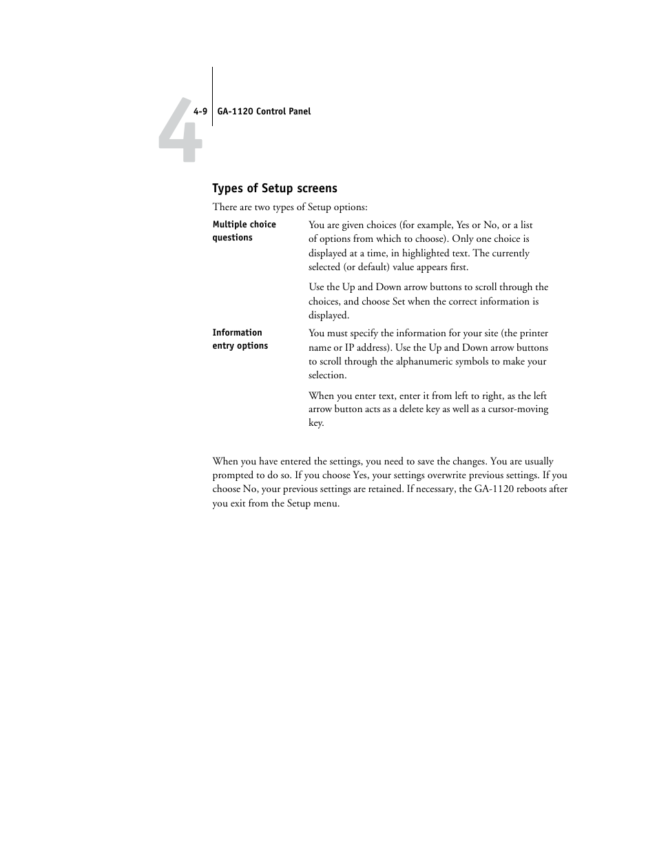 Types of setup screens | Toshiba GA-1120 User Manual | Page 61 / 168