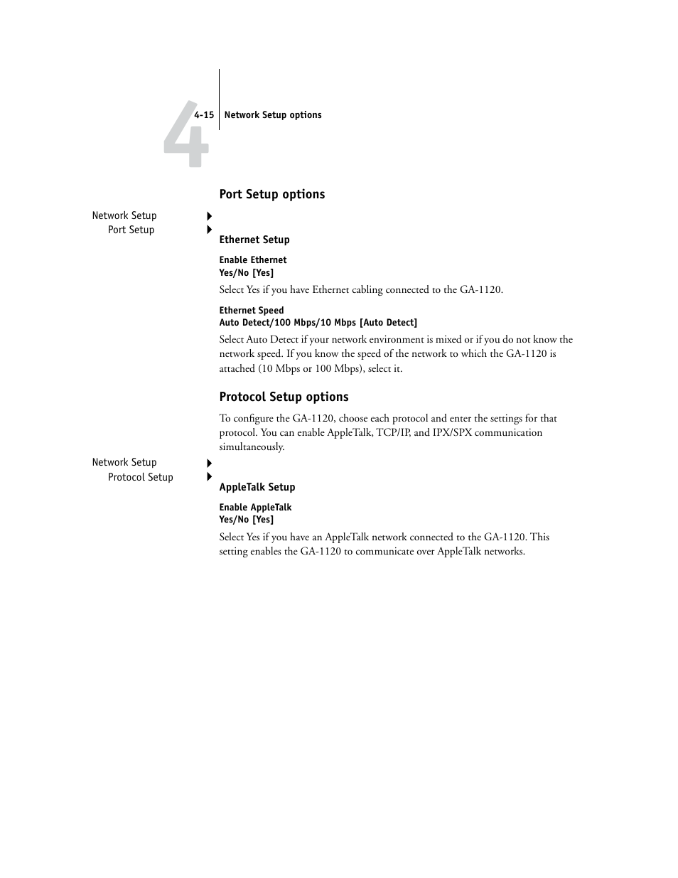 Port setup options, Protocol setup options | Toshiba GA-1120 User Manual | Page 67 / 168