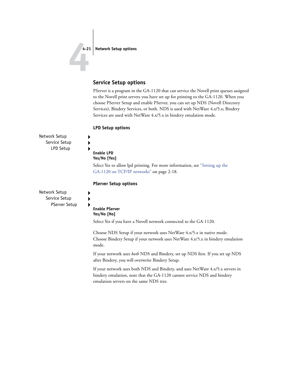 Service setup options, Etup (see, Printing | Toshiba GA-1120 User Manual | Page 73 / 168