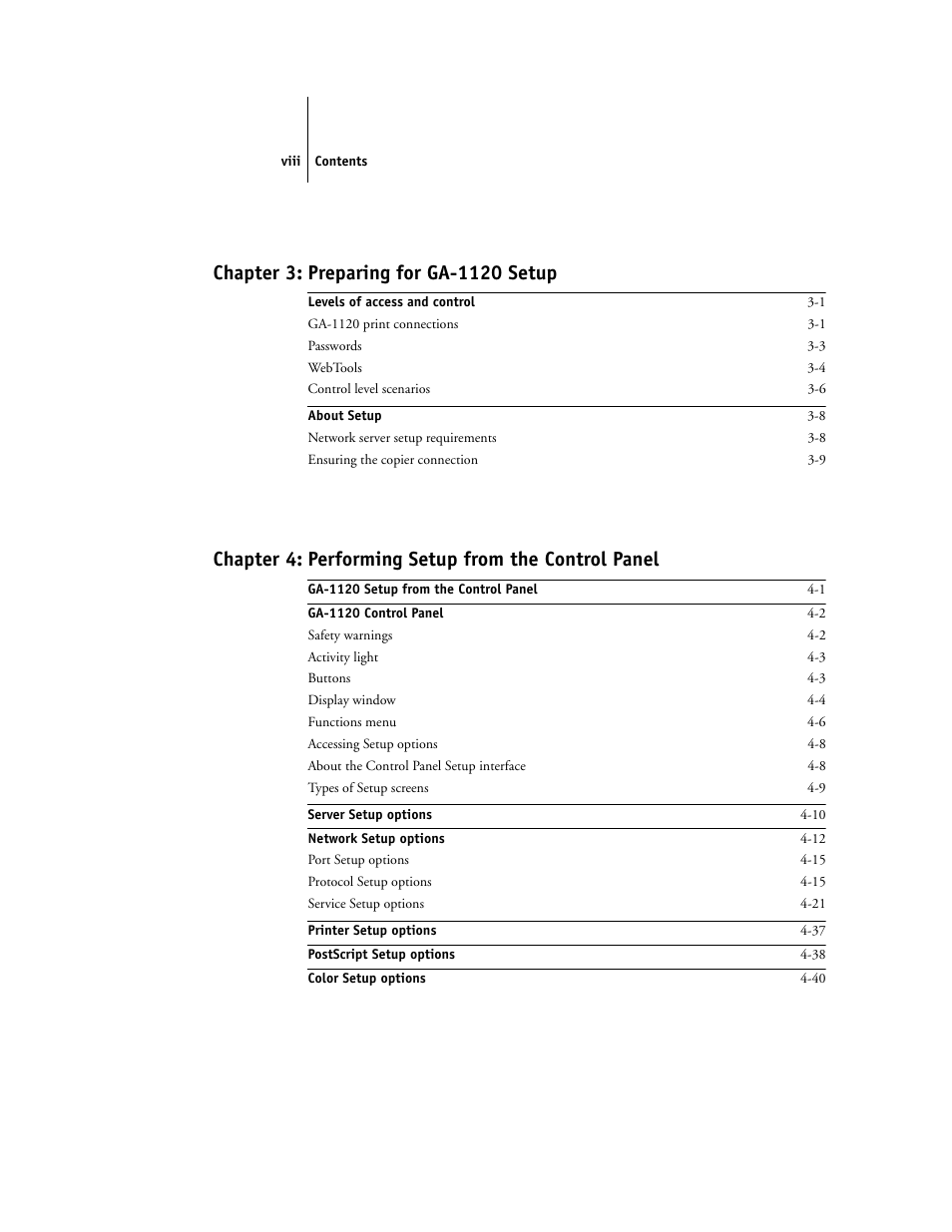 Chapter 4: performing setup from the control panel | Toshiba GA-1120 User Manual | Page 8 / 168